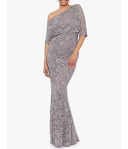 Betsy & Adam Stretch Lace Off the Shoulder 3/4 Sleeve Gown