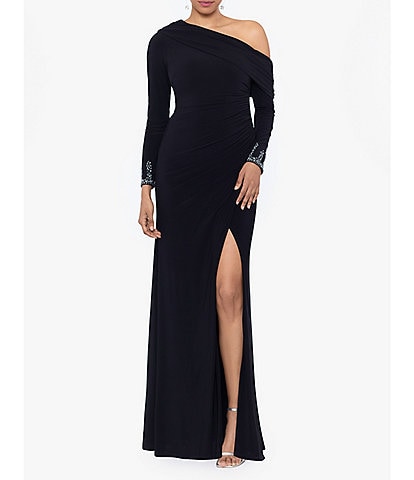 Betsy & Adam Stretch Off the Shoulder Long Sleeve Beaded Cuff Ruched Waist Gown