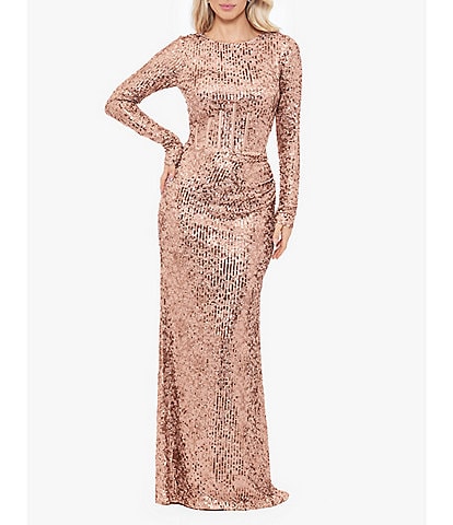 Betsy & Adam Stretch Sequin Crew Neck Long Sleeve Corset Detail Gown