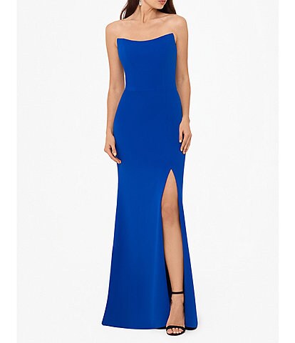 Betsy & Adam Stretch Strapless Front Slit Gown