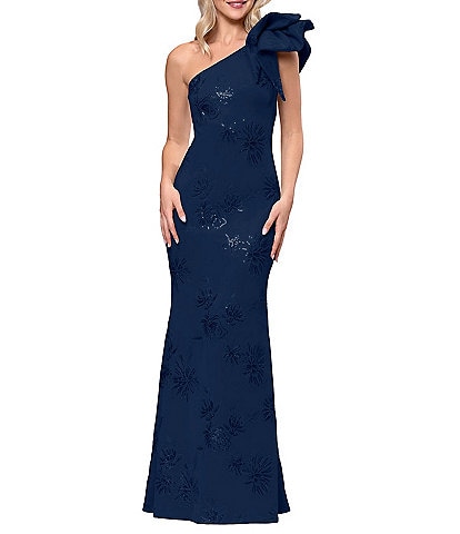 Betsy & Adam Techno Scuba Sequin One Shoulder Bow Long Dress