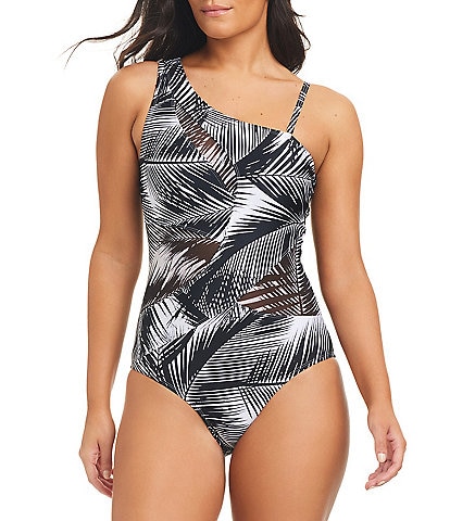 Beyond Control Giving Attitude Palm Print V-Neck Mesh Cut-Out One Piece Swimsuit