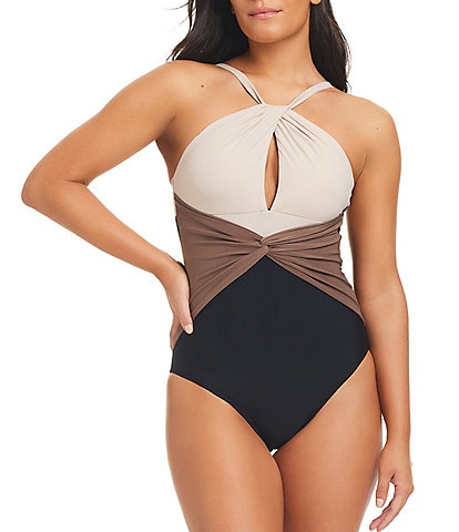 Beyond Control Solid Essentials Halter Twisted Keyhole Neck One Piece Swimsuit