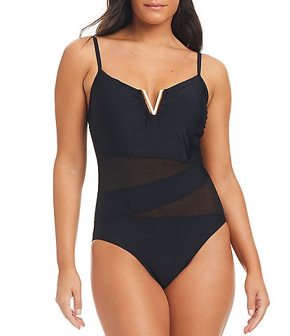 Beyond Control Solid Essentials Mesh Cut-Out Hardware One Piece Swimsuit