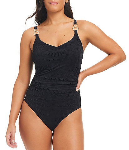 Beyond Control Texture Solid Novelty Ring V-Neck One Piece Swimsuit