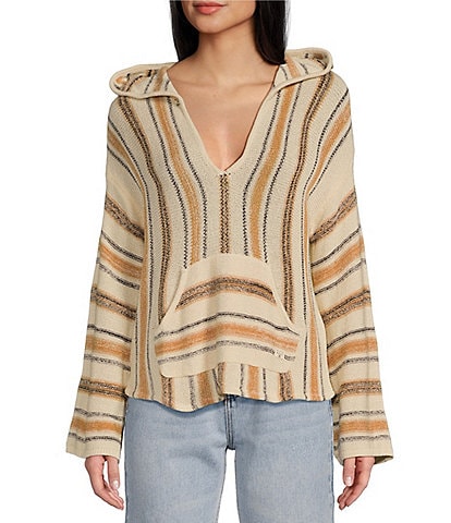 Billabong Baja Beach Long Sleeve Faded Striped Sweater Knit Lightweight Hoodie