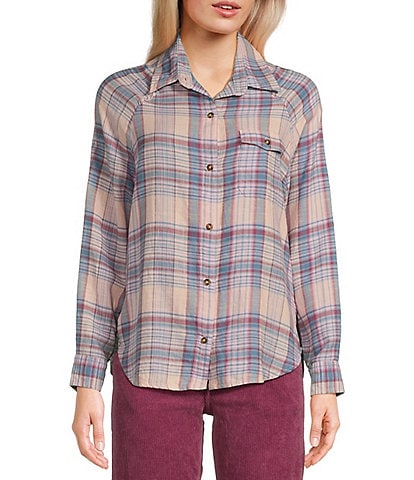 Billabong Best Time Oversized Checked Plaid Button Front Flannel Shirt