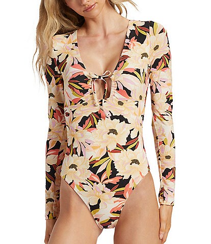 Billabong Dream State UPF Printed Recycled Stretch Long Sleeve Keyhole Bodysuit One Piece Swimsuit