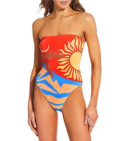 Billabong Feel Heat Multi Color Placement Print Strapless Bandeau One Piece Swimsuit