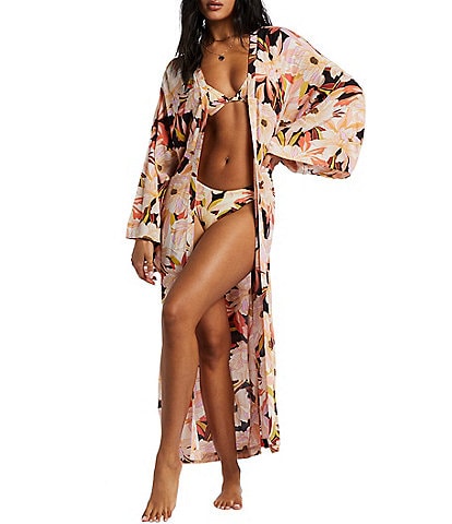 Billabong Head Over Heels Printed Crinkle Open Front Belted Kimono Swim Cover-Up