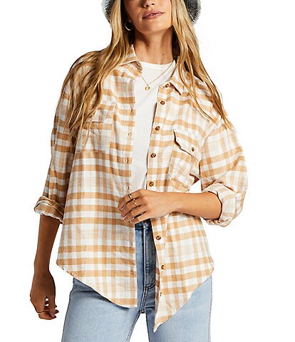 Billabong So Stoked Plaid Long Sleeve Button Front Top