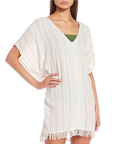 Billabong Walk Away Crinkled Striped V-Neck Fringe Swim Cover-Up Dress