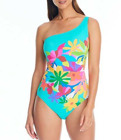Bleu Rod Beattie Away We Go Floral Placed Print One Shoulder One Piece Swimsuit