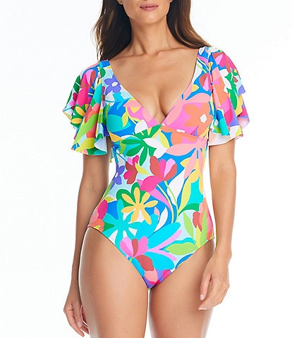Bleu Rod Beattie Away We Go Floral Print Ruffle Sleeve Plunge One Piece Swimwear