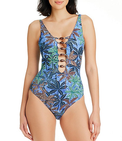 Bleu Rod Beattie By The Sea Beaded Lace Down Printed Plunge Neck One Piece Swimsuit