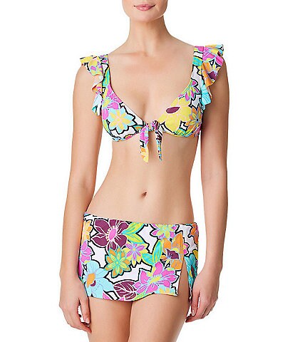 Bleu Rod Beattie Color Crush Floral Print Ruffle Tie Front Swim Top & Hipster Swim Skirt