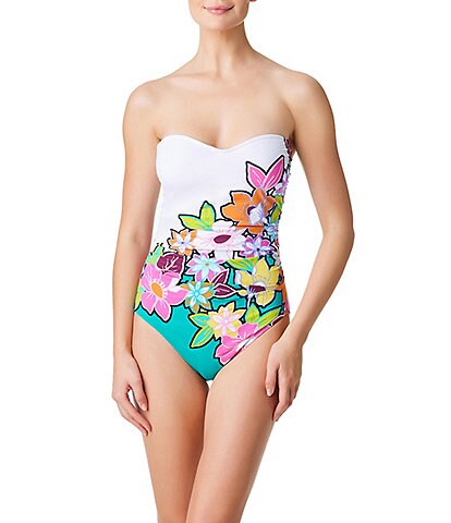 Bleu Rod Beattie Color Crush Floral Print Strapless Bandeau One-Piece Swimsuit