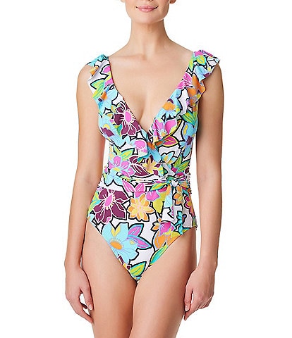 Bleu Rod Beattie Color Crush Floral Print Surplice V-Neck Ruffled One Piece Swimsuit