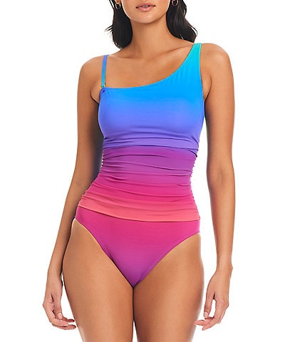 Bleu Rod Beattie Heat Of The Moment Ombre One Shoulder Shirred One Piece Swimsuit