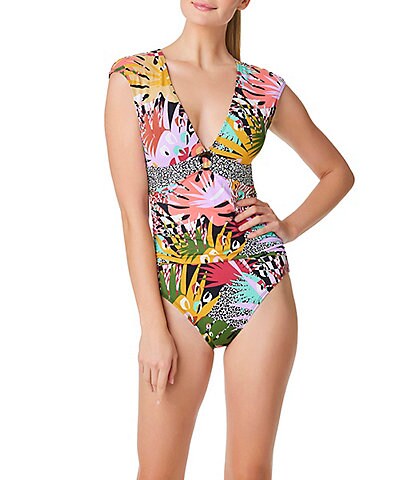 Bleu Rod Beattie Let's Get Loud Floral Print V-Neck Cap Sleeve One Piece Swimsuit