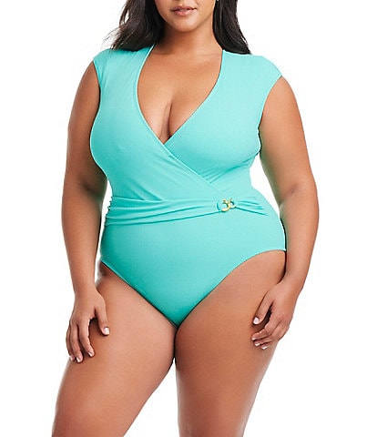 Bleu Rod Beattie Plus Size Pique Ole V-Neck Cap Sleeve Surplice One Piece Swimsuit
