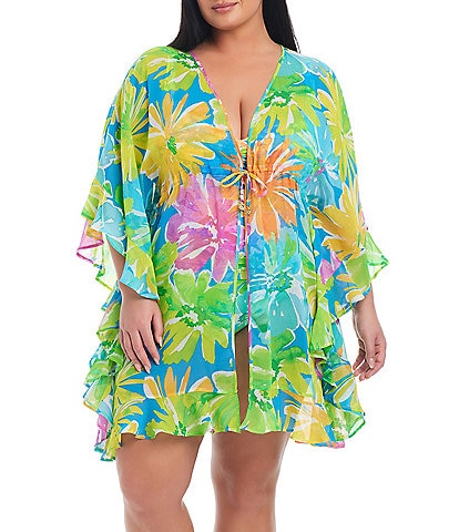 Bleu Rod Beattie Plus Size Spring It On Floral Printed Chiffon V-Neck Caftan Swim Cover-Up