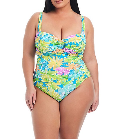 Bleu Rod Beattie Plus Size Spring It On Floral Shirred Underwire Sweetheart Neck One Piece Swimsuit