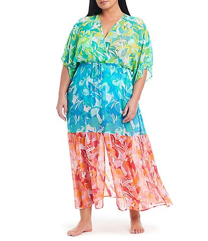 Bleu Rod Beattie Plus Size Summer Escapes Printed Chiffon Surplice Drawstring Swim Cover-Up Dress