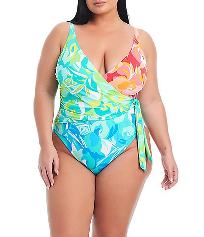 Bleu Rod Beattie Plus Size Summer Escapes Printed Twist Surplice V-Neck One Piece Swimsuit