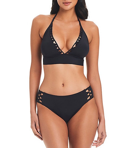 Bleu Rod Beattie Pulling Strings Solid Halter Neck Front Knot Swim Top & Moderate Coverage Hipster Swim Bottom