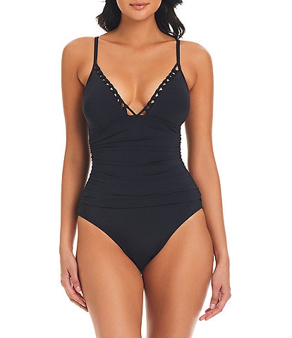 Bleu Rod Beattie Pulling Strings Solid V-Neck Shirred Bodice Knot Detail One Piece Swimsuit