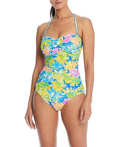 Bleu Rod Beattie Spring It On Printed Sweetheart Neck Front Twist Shirred One Piece Swimsuit