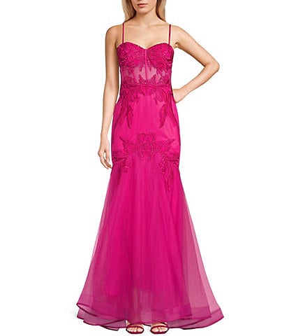 Blondie Nites Embellished Illusion Corset Lace-Up Back Mermaid Gown