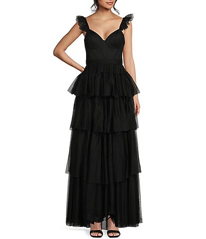 Blondie Nites Flutter Sleeve Sweetheart Neck Tiered Mesh Ball Gown