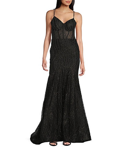 Blondie Nites Glitter Dot Print V-Neck Double Spaghetti Strap Corset Tie Back Dress