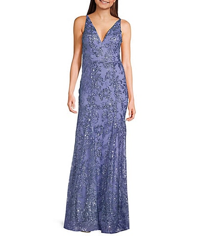 Blondie Nites Glitter Sequined Leaf Pattern V-Neck Sleeveless Tie Back Gown