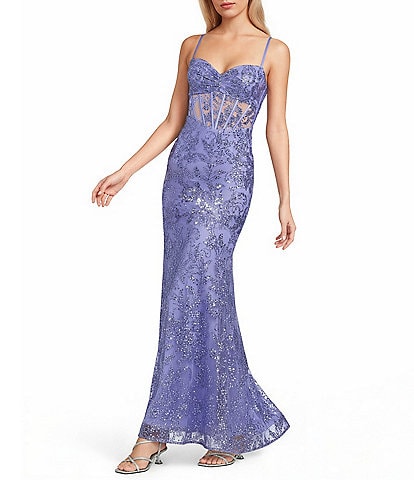 Blondie Nites Glitter Mesh Patterned Pinch Front Neck Corseted Lace Up Back Long Dress