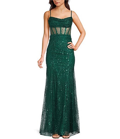 Blondie Nites Glitter Patterned Drape Neck Illusion Corset Ballgown