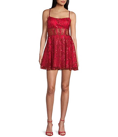 Blondie Nites Glitter Scoop Neck Illusion Corset Bodice Dress