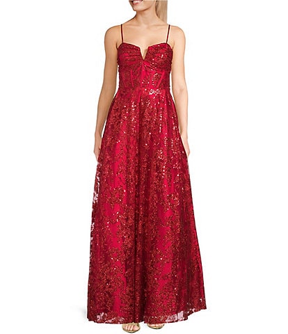 Blondie Nites Glitter Sequin Accent Notch Front Lace Up Back Ball Gown