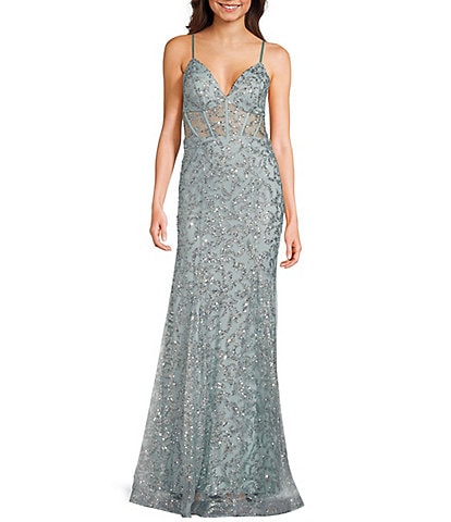 Blondie Nites Glitter Sequin Pattern V-Neck Spaghetti Strap Corset Lace-Up Back Gown