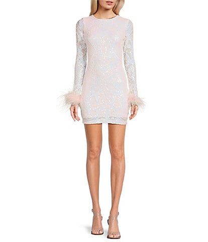 Blondie Nites Pattern Sequin Long Sleeve Feather Cuff Bodycon Dress