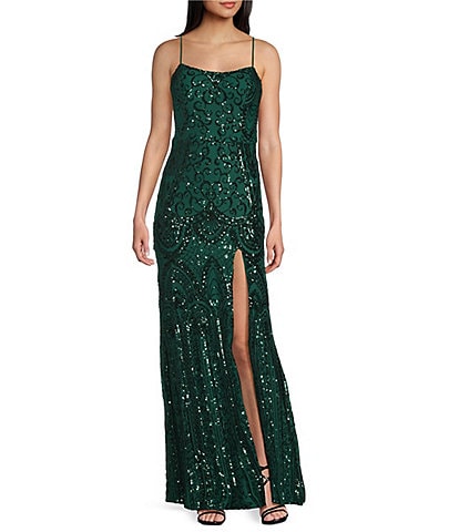 Blondie Nites Patterned Sequin Scoop Neck Sleeveless Tie Back Long Gown
