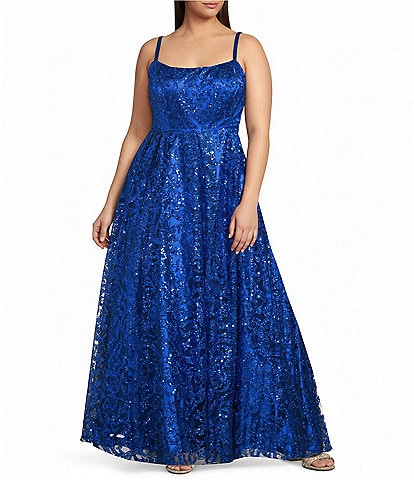 Blondie Nites Plus Size Glitter Patterned Scoop Neck Open Tie Back Pleated Long Dress