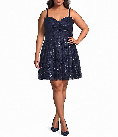Blondie Nites Plus Size Sequin Glitter Patterned Pinch Front Lace Up Back A-Line Dress
