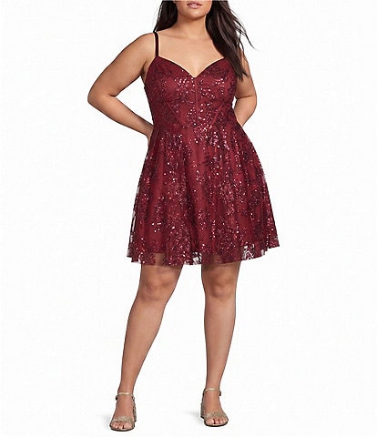 Blondie Nites Plus Size Sleeveless V-Neck Short Corset Glitter Sequin Pattern Party Dress