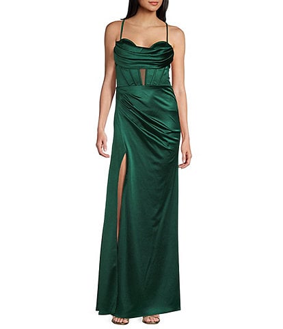 Blondie Nites Power Sateen Drape Neck Spaghetti Straps Corset Lace Up Back Long Dress