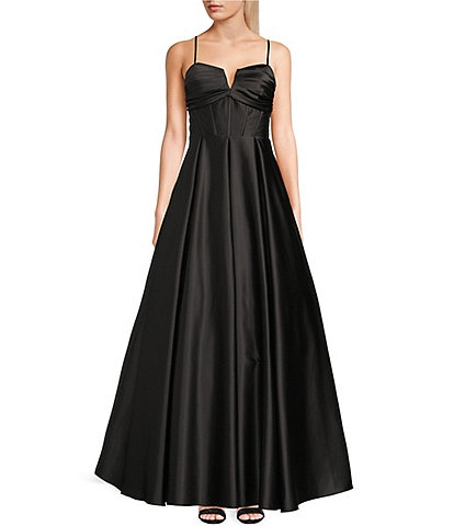 Blondie Nites Satin V-Notch Front Spaghetti Strap Tie Back Gown