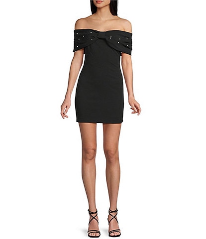 Blondie Nites Scuba Off-The-Shoulder Pearl Bow Dress