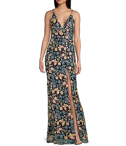 Blondie Nites Sequin Floral Butterfly Patterned Spaghetti Strap V-Neck Tie Back Gown